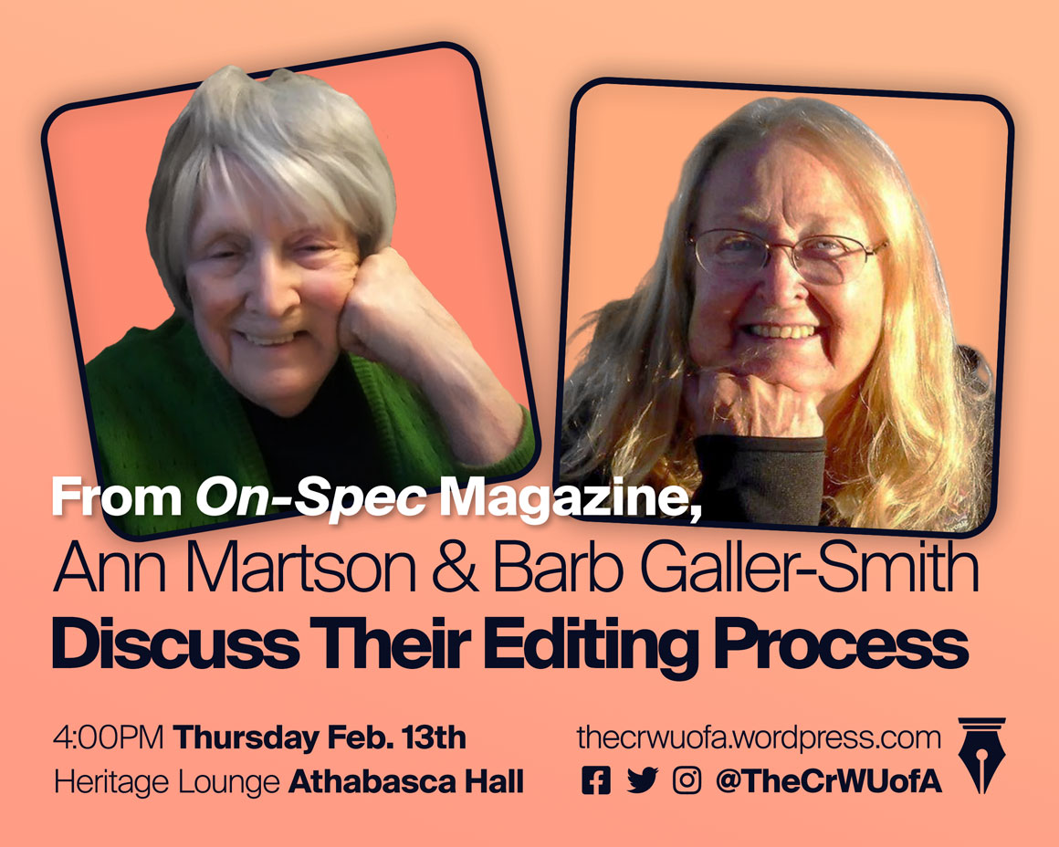 Poster with a photograph of the two guest speakers, Ann Martson and Barb Galler-Smith, editors from On-Spec Magazine, on an orange background. The title of the event is 'From On-Spec Magazine, Ann Martson & Barb Galler-Smith Discuss Their Editing Process'.