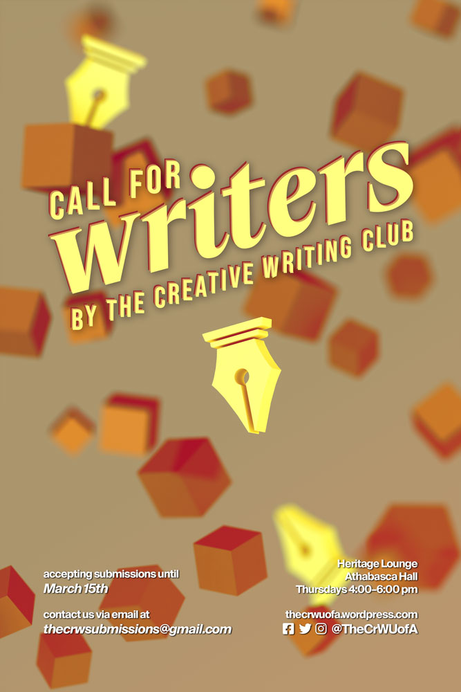 Print-size poster displaying the group's logo and the words 'Call for writers by the Creative Writing Club'.