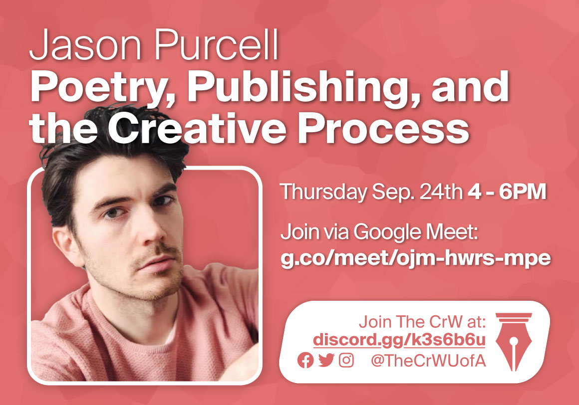 Poster with a photograph of the guest speaker, Jason Purcell, on a peach background. The name of the speaker, and the title of the event, 'Poetry, Publishing, and the Creative Process', are overlaid on top.